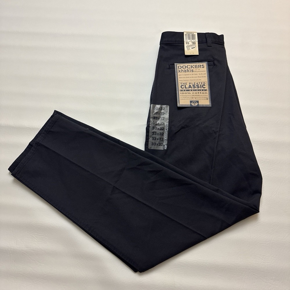Dockers Pants Khaki Mens 33X32 Navy Blue Pleated Straight Chino Classic NWT